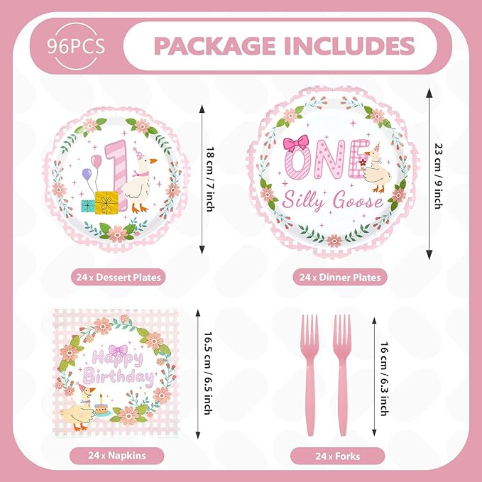 96Pcs One Silly Goose Birthday Party Decorations Goose 1st Birthday Paper Plates and Napkins Sets Pink Bow Cute Wreath Geese Decorations for Baby Girls One Year Old Bday Party Supplies Serves 24