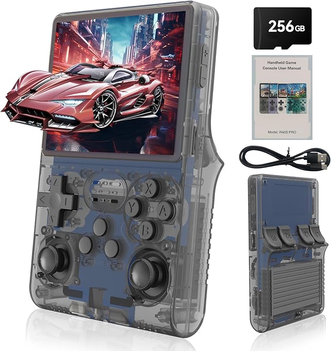 R40S Pro Handheld Game Console,30000 HD Games Mini Retro Gaming Console,3.5-Inch IPS Screen,Built in 45 Emulators,256GB SD Card,3800mAh Battery (Transparent Grey)