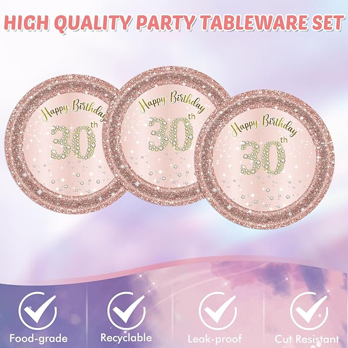 30th Birthday Decorations for Women 30th Birthday Party Supplies Include Rose Gold birthday Plates and Napkins Tablecloth 30th Birthday Supplies Tableware for Women