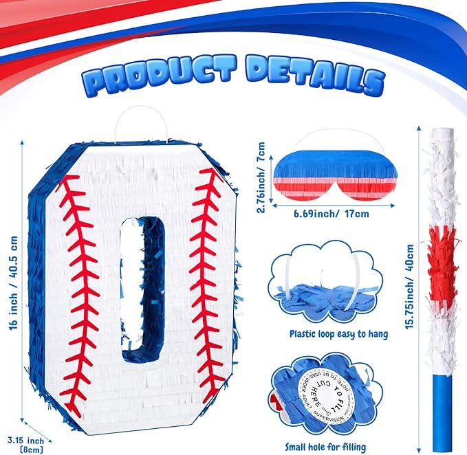 HyDren Baseball Piñata Baseball Party Decorations Number Piñata with Bat, Blindfold and Confetti, 16 Inch Sports Themed Birthday Party Supplies for Celebration Events(Number 0)