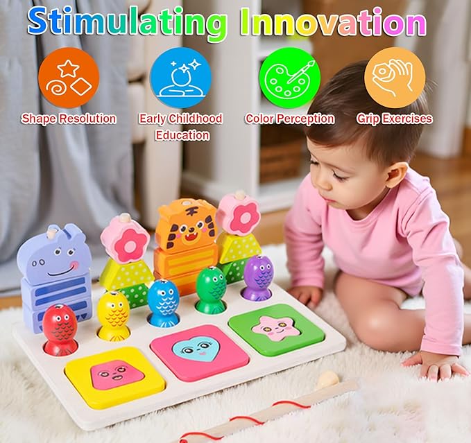 Wooden Montessori Toys for 3 Year Old，Shape Sorter Stacking Games, Fishing Games Preschool Learning Educational Toys for Boys Girls Toddlers (Animal)