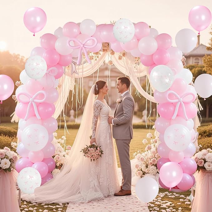 Pink Bow Balloons, 62Pcs Pastel Light Pink Clear White Bow Latex Balloons, 12Inch Transparent Bowknot Print Helium Balloon for Girls Women Princess Coquette Birthday Wedding Bridal Baby Shower Party