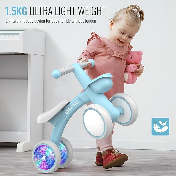 Umatoll Colorful Lighting Baby Balance Bike Toys for 1 Year Old Boys Gifts, Adjustable Seat Baby Walker, One Year Old Boy Birthday Gifts, 12-24 Months Toddler First Ride on Toys
