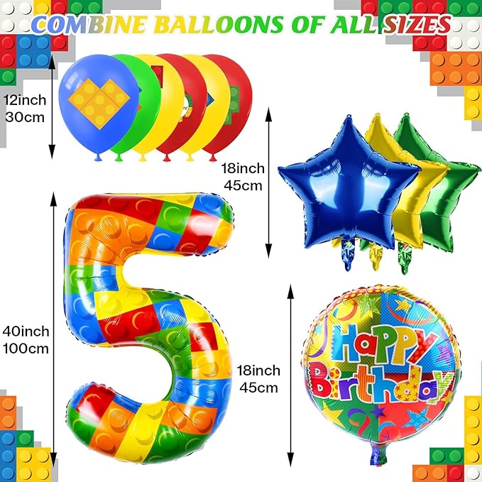 40 Inch Building Block Number Balloon, Colorful Number Block Foil Number 5 Balloons Large Big Numbers Helium Balloon for Girls Boys 5th Birthday Brick Theme Party Decorations (Number 5)