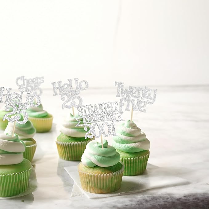 Ephlyn 24Pcs 25th Birthday Cupcake Toppers Glitter Straight Outta 2001 Cupcake Picks Hello 25 Cheers to 25 Years Cake Decorations for 25th Birthday Anniversary Party Decorations Supplies Silver