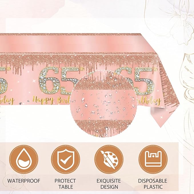 65th Birthday Decorations for Women,Rose Gold 65th Birthday Plates and Napkins,Tablecloth,65 Year Old Tableware Party Supplies Disposable Dinnerware Table Decor Favors for Women 1961 Party Supplies