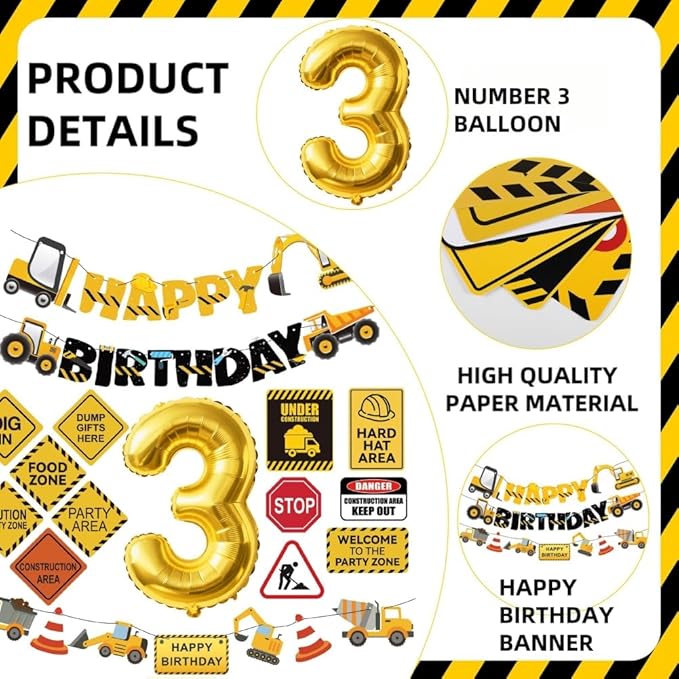 Construction 3rd Birthday Party Supplies Dump Truck Third Party Decorations Kits Set for Kids Three Years Old Birthday with Different Kinds Banner and Signs