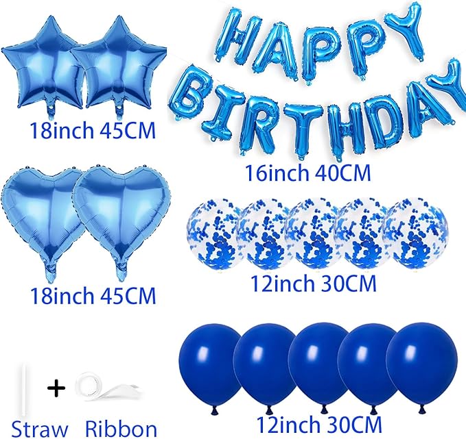 27 Pcs Dark Blue Birthday Decorations, 3D Foil Dark Blue Happy Birthday Balloon Banner, Pentagram Heart Foil Balloons Confetti Balloons Kit For Boys Girls Birthday Party Supplies