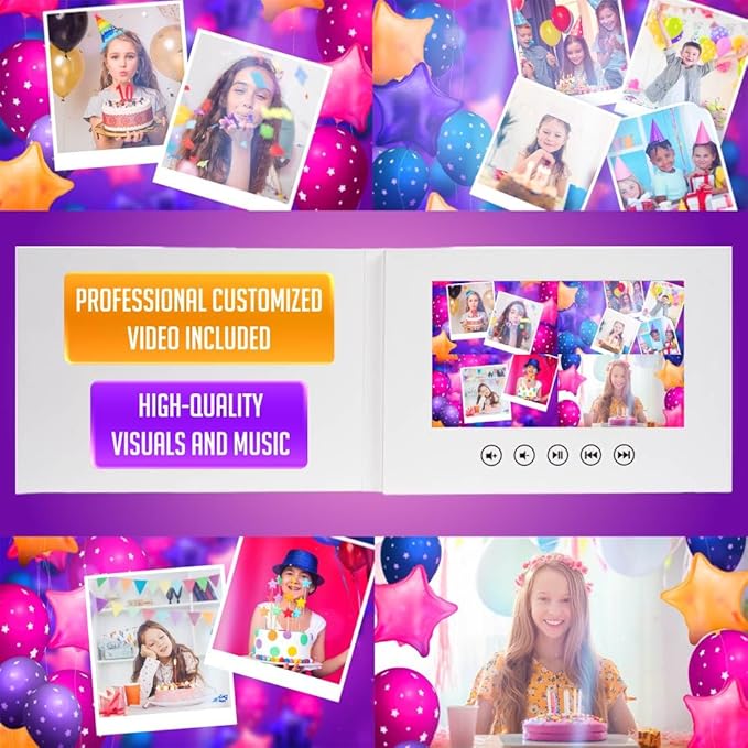 Personalized Kids Video Greeting Card – Upload Your Photos – Animated Birthday Slideshow – 7” IPS Screen, 256MB Internal Memory, Long Battery Life, USB Charger Included