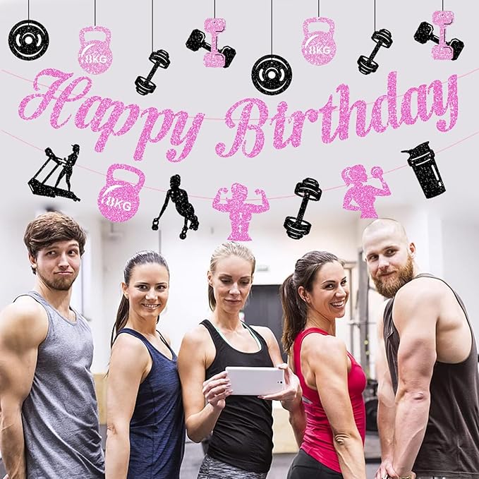 Zwiebeco Black Pink Gym Happy Birthday Banner Bunting Hanging Paper Ornament Garland Party Decoration for Fitness Dumbbells Kettlebells Weightlifting Themed Girls Women Bday Decor Accessories Supplies