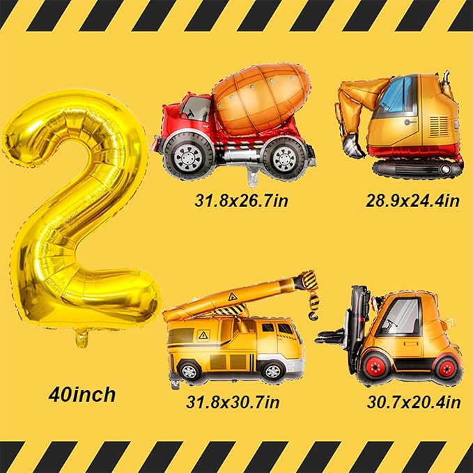 Construction Birthday Party Supplies 2 Year Old, Large Construction Balloons 40Inch Gold Number 2 Balloons Construction Truck Foil Balloons for Boys 2nd Construction Birthday Party Decorations
