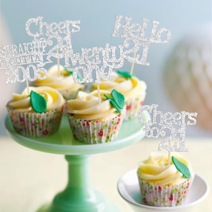 Ephlyn 24Pcs 21st Birthday Cupcake Toppers Glitter Straight Outta 2005 Cupcake Picks Hello 21 Cheers to 21 Years Cake Decorations for 21st Birthday Anniversary Party Decorations Supplies Silver