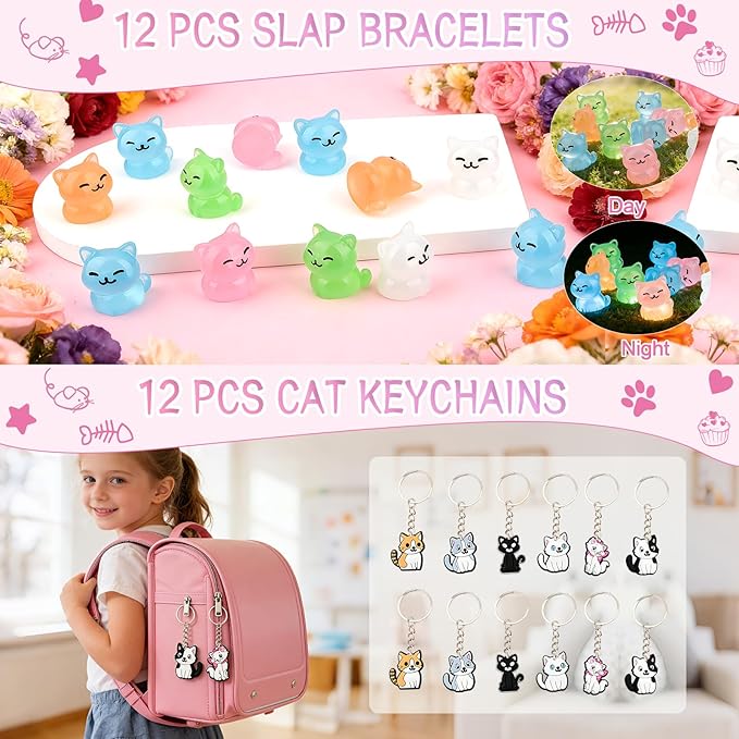 122PCS Cat Party Favors for Girls, Cat Themed Birthday Party Supplies With Goodie Bags Headband DIY Face Stickers Slap Bracelets Resin Cats, Cat Party Favors Easter Gifts Classroom Rewards for Kids