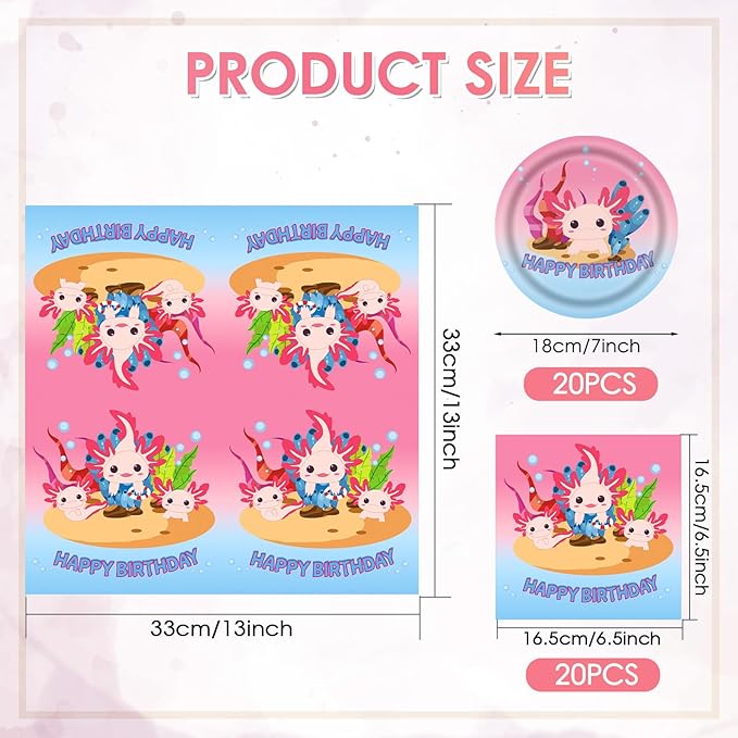 40 Pcs Axolotl Party Birthday Decoration Pink Cartoon Reptile Animals Tableware Set Include 7 Inch Dessert Plates and Paper Napkins for Axolotl Kids Girls Baby Shower Party Supplies