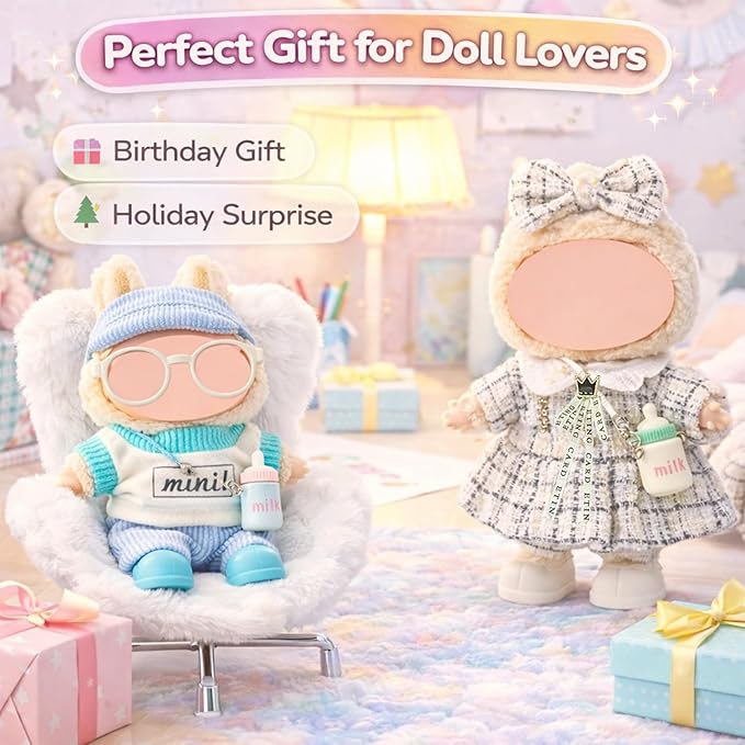 17cm Doll Car Seat and Clothes Set (No Dolls), Includes Doll Seat and 2-Pack Doll Clothes, Perfect for Play and Display, Doll Outfit Accessories for Collectors