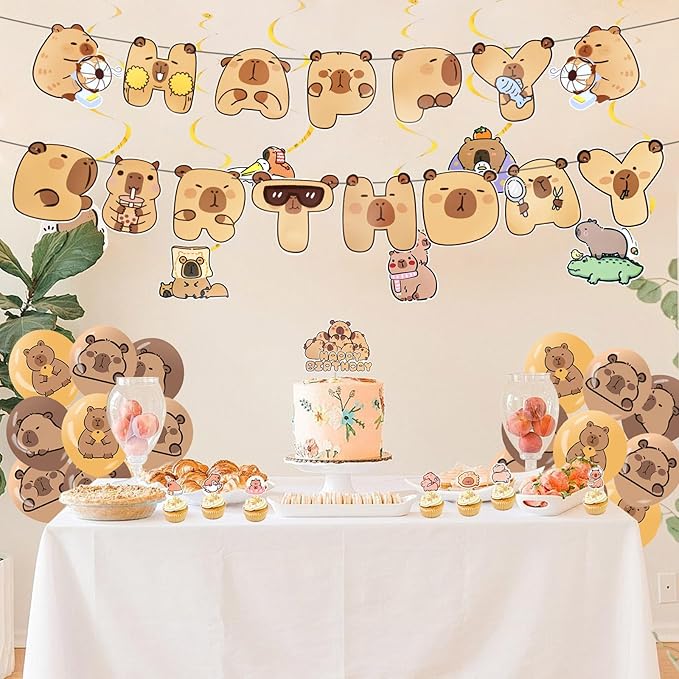Capybara Theme Birthday Party Decorations, Birthday Party Supplies Decorations Set Include Banner, Balloons, Cake Toppers and Cupcake Toppers for Home Classroom Decor