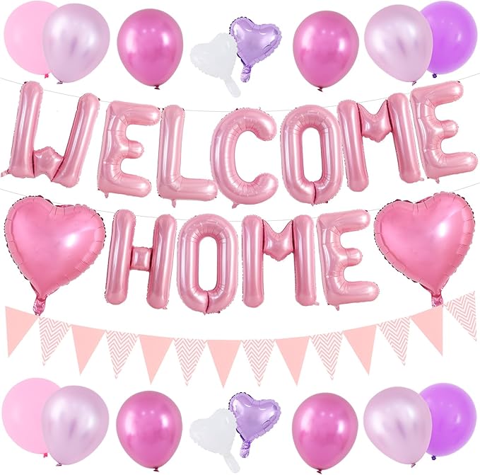 TONIFUL Welcome Home Decorations,16 Inch Pink Welcome Home Foil Balloon Banner Pink Purple Confetti Balloons Pennant Flag Bunting for Homecoming Party House Warming Party Family Gathering Supplies