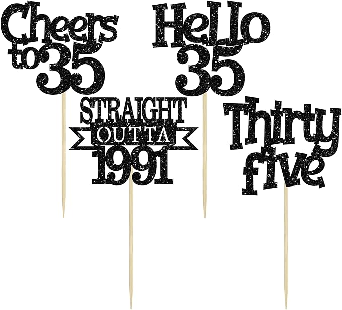 Ephlyn 24Pcs Happy 35th Birthday Cupcake Toppers Black Thirty Five Cupcake Picks Hello 35 Cheers to 35 Years Birthday Cake Decorations for 35th Birthday Anniversary Party Decor Supplies