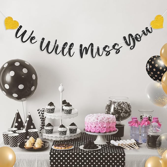 We Will Miss You Banner Decorations Goodbye Party Banner Retirement Banner Decorations Sign for Going Away Party, Retirement, Farewell, Graduation, Army Party Supplies(Glitter Black)
