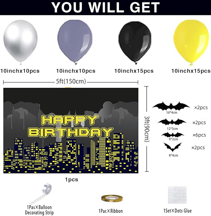 54 PCS Bat Theme Birthday Decorations Superhero Super City Backdrop 5x3FT Black Yellow Silver Balloons Arch Garland Kit Full Moon Bat Background Children Party Supplies