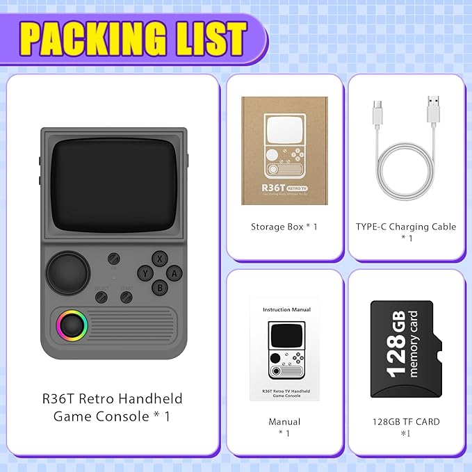 R36T Retro Gaming Console, 3.5'' IPS Screen CRT-Inspired, Handheld Game Console with 22000+ Classic Games Supports WiFi Networked Fighting and OTG, 3500mAh Battery, with Portable Case(Grey 128GB)