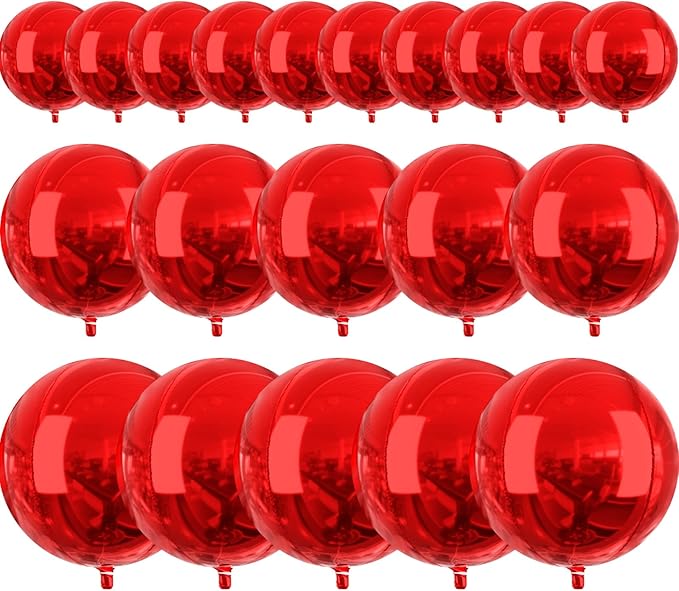 PartyWoo Red Foil Balloons 20pcs Different Sizes Pack of 22 15 10 Inch Large Round Foil 4D Inflatable Mirror Ball Mylar Balloons for Graduation Birthday Anniversary Casino Party Decorations