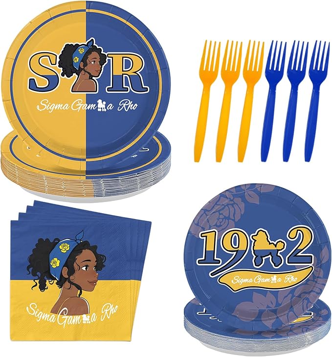 96 Pcs Sigma Sorority Party Supplies Blue and Yellow Plates and Napkins Sorority Society Tableware Set for Girls Birthday Ramadan Graduations Party Supplies, Serves 24