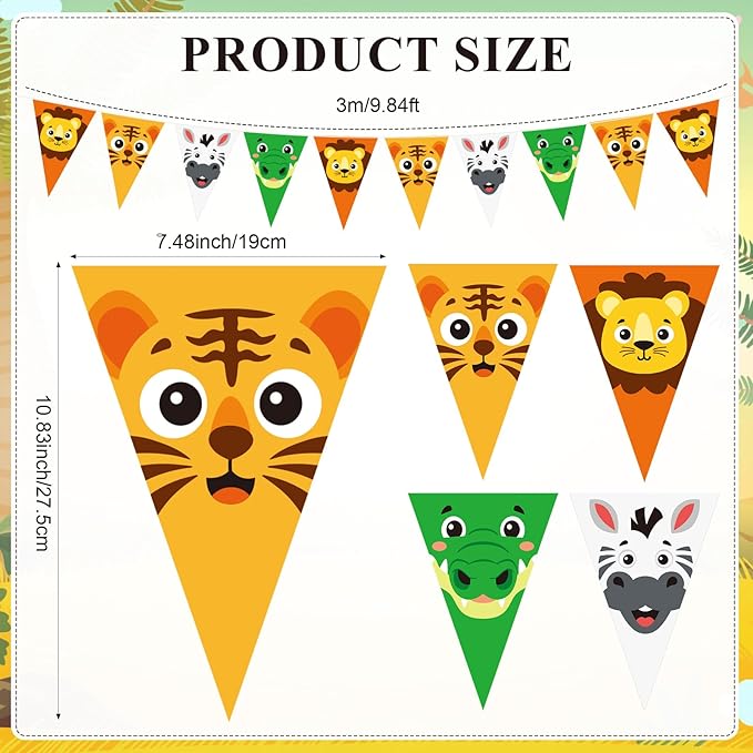 HESTYA 5 Pcs 49 Ft Safari Party Decorations Pennant Banner, Pre-Assembled Animal Print Jungle Theme Birthday Supplies, Large Triangle Flag Bunting Garland for Baby Shower Indoor Outdoor Hanging