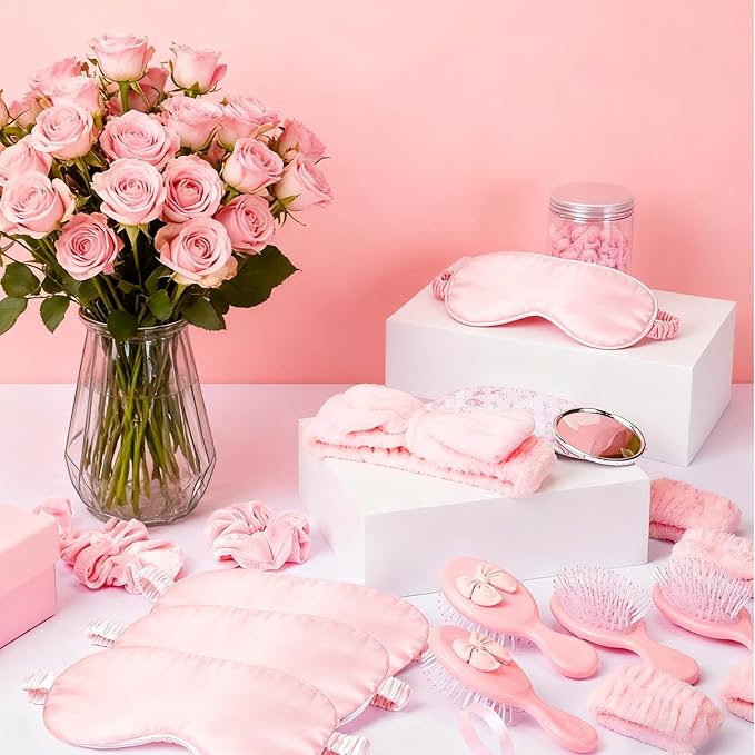 9 Pcs Sleepover Party Supplies for Girls Include Spa Headband Sleep Eye Mask Pink Scrunchie with Coquette Bow Mirror Hair Comb Gift Bags for DIY Spa Sleepover Slumber Wedding Birthday Party Favors