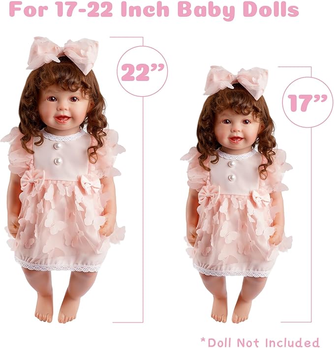 BABESIDE 4 Pcs Reborn Baby Doll Clothes Set for 17-22 Inch Babydolls, Pink Bow Dolls Dress with Hat Headband and Reusable Diaper for Realistic Baby Doll Accessories