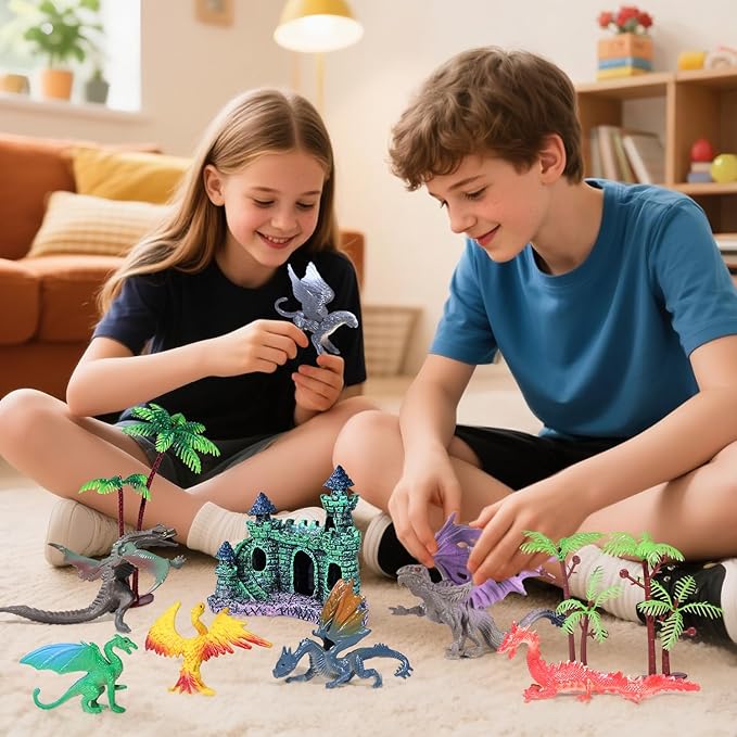 15Pcs Dragon Cake Decorations, Medieval Plastic Dragon Figures with Castle Tree Toys Playset for Kids Birthday Baby Shower Halloween Fantasy Theme Party Supplies