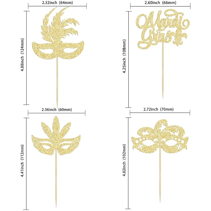 Gyufise 24Pcs Mardi Gras Cupcake Toppers Glitter Masquerade Masks Cupcake Picks Mardi Gras Party Baby Shower Birthday Cake Decorations Party Supplies Gold