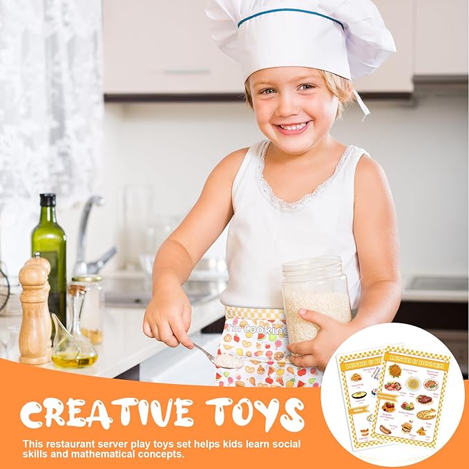 7 Pieces Restaurant Server Play Toys Set Pretend Play Restaurant Food Kids Waitress Set Pretend Restaurant Menus with Play Kitchen Dress Up Clothes for Toddler Girls Boys Party Learning Birthday Gift