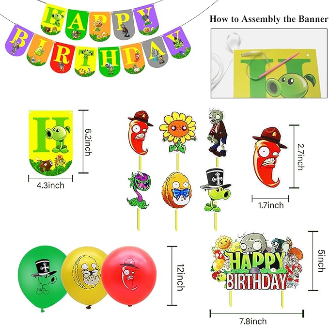 Plants Game Theme Birthday Party Supplies Decoration Kit with Happy Birthday Zombies Banners, Cake-Cupcake Topper, Balloons for Kids Boys Game Players PVZ Party Decor