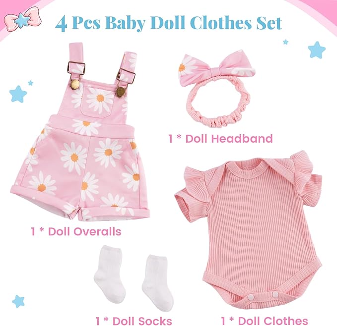 BABESIDE 4 Pcs Reborn Baby Doll Clothes for 17-22 Inch Babydolls, Cute Pink Flower Dolls Overalls Lifelike Reborn Baby Doll Accessories with Headband and Socks for Realistic Dolls Girl