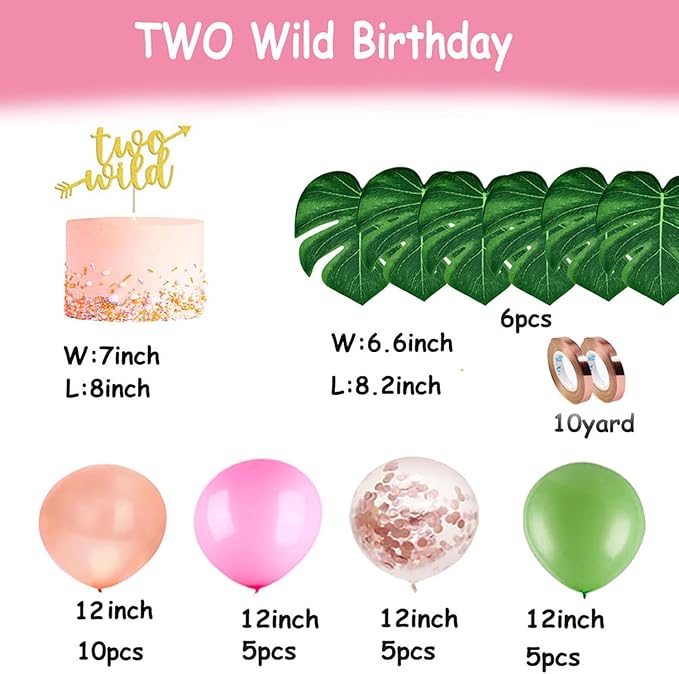 Two Wild Birthday Party Decorations, Jungle Themed Secend Girl Birthday Party Supplies Set Cute Animals Head Balloons and Two Wild Banner for Girls 2nd Jungle Birthday Decor
