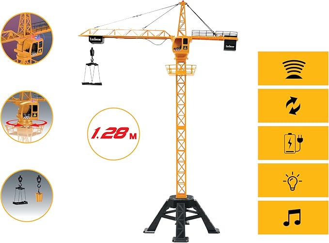 LEXiBOOK, Crosslander® Pro, RC Crane, Remote-Controlled Tower Crane, Height 4.20 ft, Lifts up to 1.10 lb, Multidirectional, Sound and Light Effects, Yellow, RCP35
