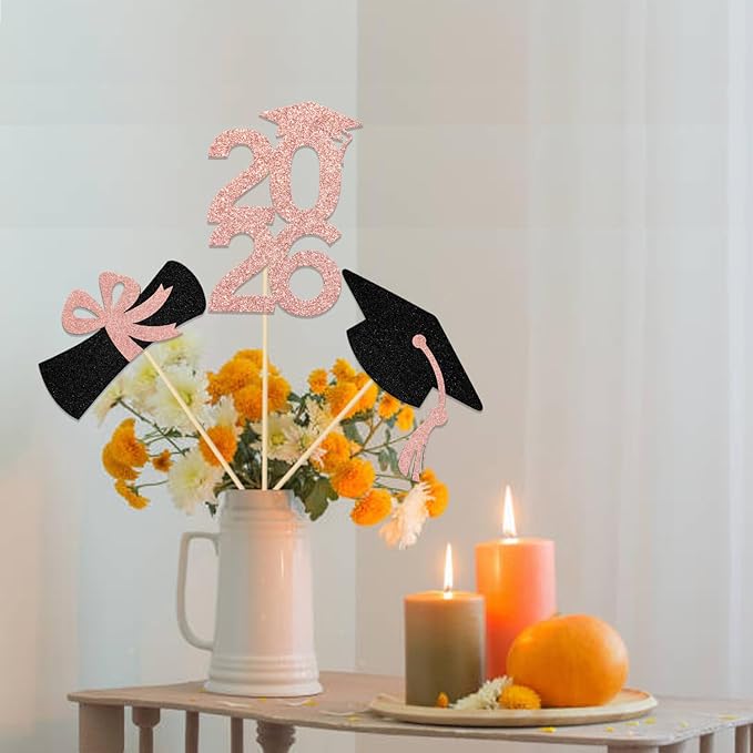 12Pcs Graduation 2026 Graduation Centerpiece Sticks Class of 2026 Party Decor Table Toppers for College High School Graduation Party Supplies Rose Gold & Black