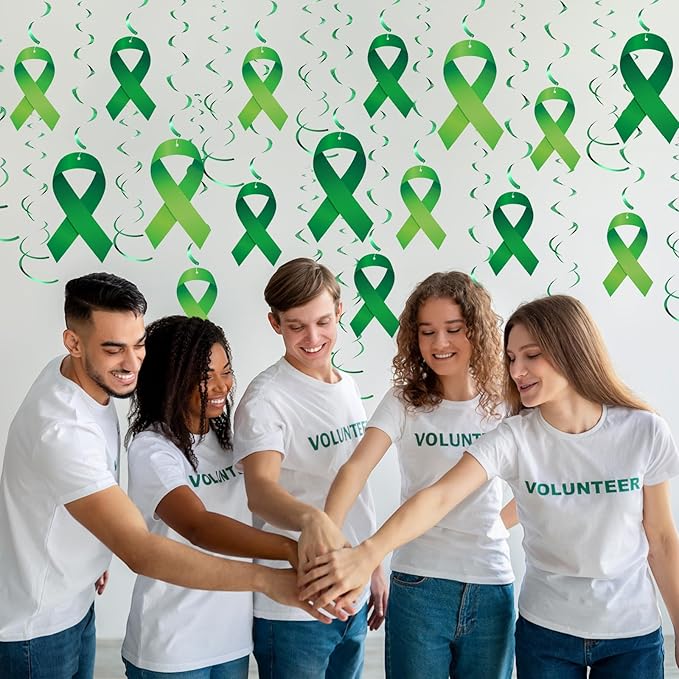 Faccito 54 Pcs Mental Health Awareness Month Decorations Mental Month Ribbon Hanging Swirls Hope Green Ribbons for Party Decor Supplies
