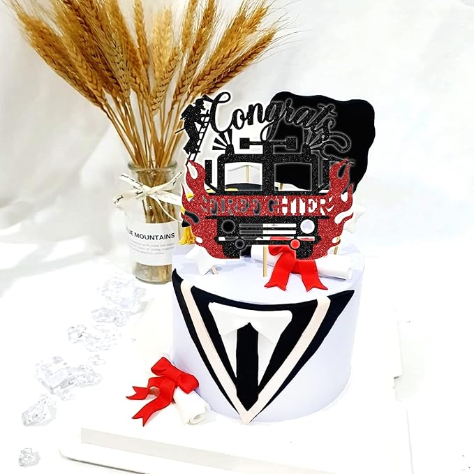 Congrats Firefighter Cake Topper, Congrats Grad/Future Fireman, Fire Academy Graduation Party Decoration Supplies, Black and Red Glitter