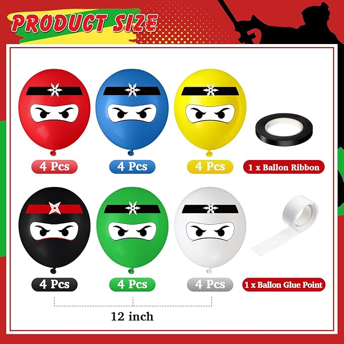 24 Pcs 6 Color 12" Ninja Balloons Kids Ninja Birthday Party Supplies Colorful Balloons Bulk Party Decorations