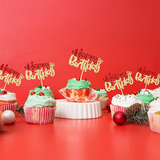 Ephlyn 24Pcs Happy Birthday Cupcake Toppers Double Layer Glitter Happy Birthday Cake Decorations for Christmas Theme Baby Shower Anniversary Party Decorations Supplies Red Gold