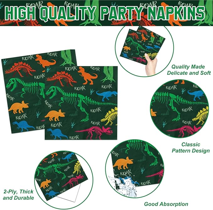 166 PCS Dinosaur Birthday Decorations, Dinosaur Party Supplies Includes Plates, Cups, Napkins, Cutlery, Banner, Tablecloth, Balloons for Boy Dino Party Decorations, Serves 20