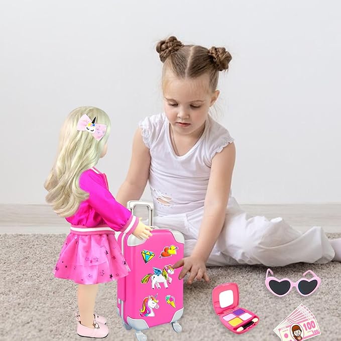 23Pcs 18 Inch Girl Doll Accessories Case Luggage Travel Play Set with Clothes, Bag, Computer Glasses, Makeup, Stickers, Stuff for 18 inch Doll - Christmas & Birthday Gift