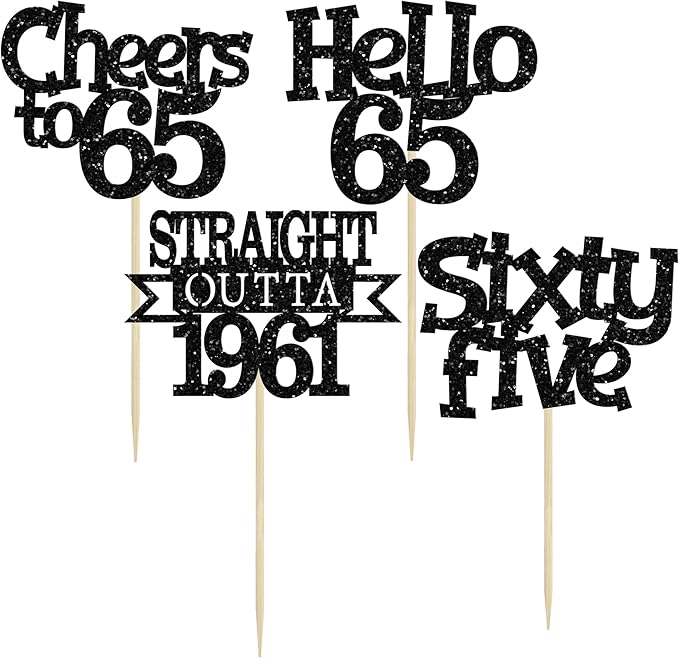 Ephlyn 24Pcs 65th Birthday Cupcake Toppers Glitter Straight Outta 1961 Cupcake Picks Hello 65 Cheers to 65 Years Cake Decorations for 65th Birthday Anniversary Party Decorations Supplies Black