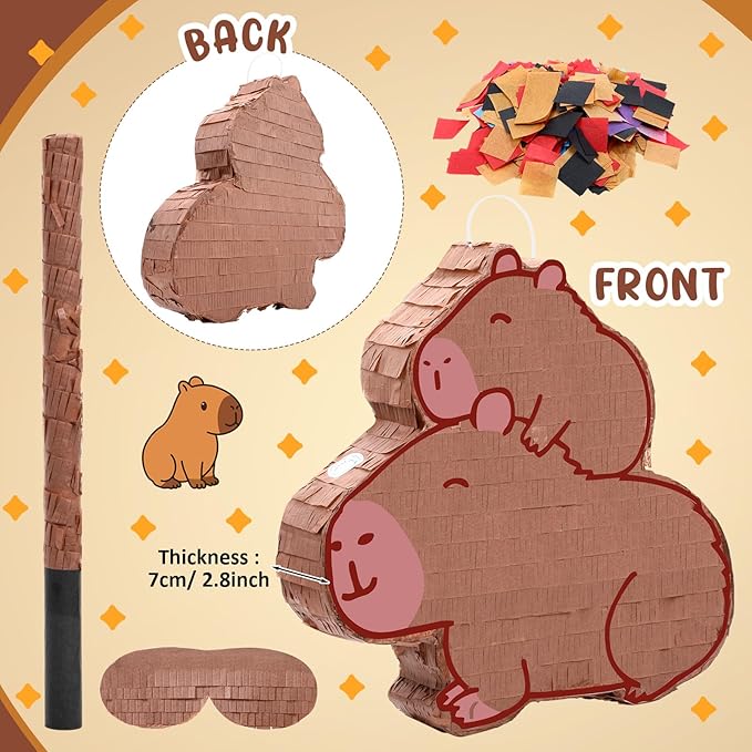 Capybara Piñata for Kids Birthday Party 15.4 x 14.7 Inches Mommy with Baby Animal Family Piñata with Bat Blindfold and Confetti for Baby Shower Photo Props Holiday Decoration