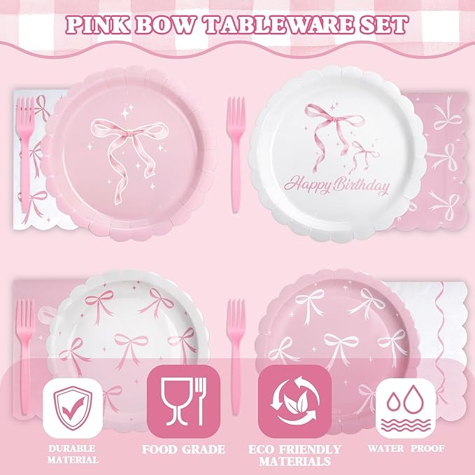 96 Pcs Pink Bow Plates and Napkins Tableware Set (Serve 24), Bow Birthday Decorations, Party Supplies Include Plates Napkins Plastic Forks, Pink Birthday Decorations