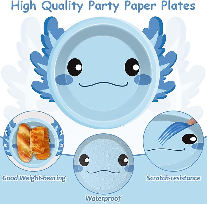60Pcs Blue Axolotl Shaped Birthday Party Decorations Reptile Animals 7 Inch Dessert Paper Plates Cartoon Axolotl Disposable Tableware Set for Kids Boys Girls Party Baby Shower Supplies Favors