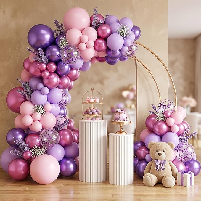 RUBFAC Pink Purple Balloon Garland Arch Kit 129pcs Different Sizes Pack of 18 12 10 5 Inch, Latex Metallic Confetti Lavender Purple Pastel Pink Balloon Garland Arch Kit for Birthday Wedding