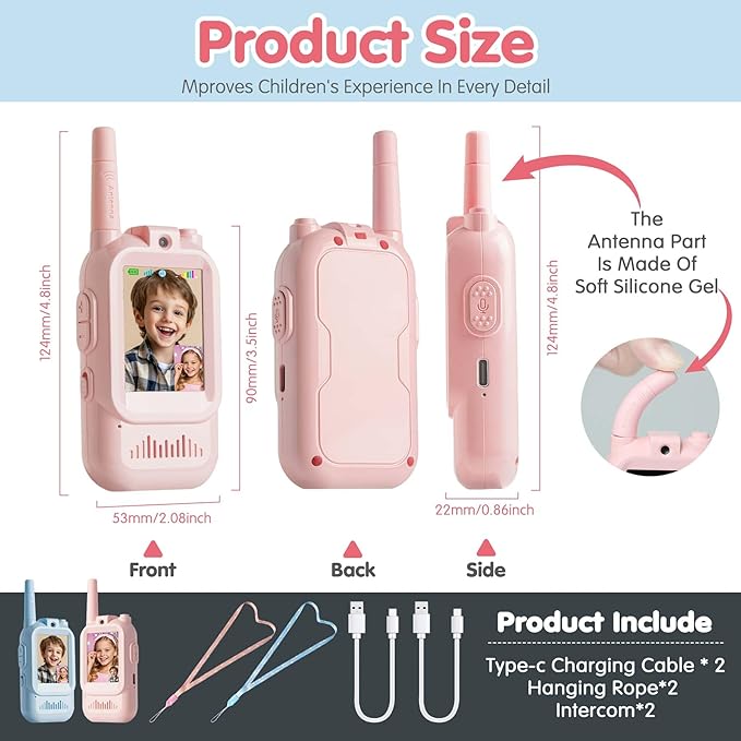 Video Walkie Talkies for 3-12 Boys Girls,2 Pack Facetime Walkie Talkie for Kids with Screen, HD Camera & Voice Changer for Family Games, Hiking, for Grandkids (Pink+Pink)